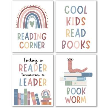 Imagem de 4 peças de pôsteres de leitura motivacional para decoração de arte de parede para sala de aula, leitura de canto, biblioteca infantil - livro legal para crianças, decorações boletins para crianças