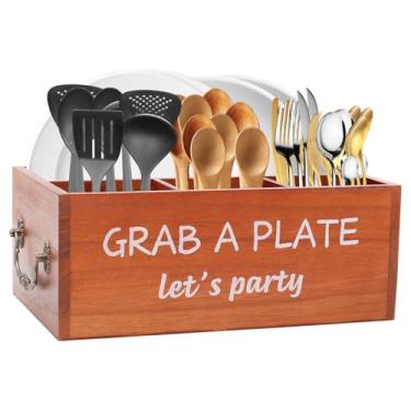 Imagem de Dispensador e suporte de placa de papel de madeira, dispensador de placa de papel e suportes para bancada, suporte de utensílios de prata rústica de madeira com 4 compartimentos, compartimentos para