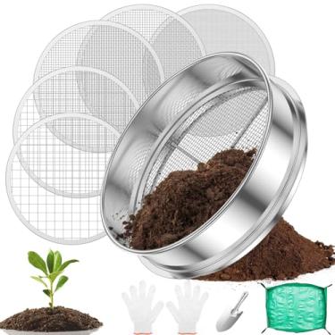 Imagem de XDINGYY Peneira de metal para jardim de 20 cm com 5 tamanhos de malha intercambiáveis 1/3/6/9/12 mm Peneira de solo multifuncional com pá para pedras de areia