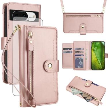 Imagem de Asuwish Capa de celular para Google Pixel 8A carteira com zíper, protetor de tela de vidro temperado e alça de pulso transversal, suporte flip para cartão de crédito Pixel8A A8 5G mulheres meninas