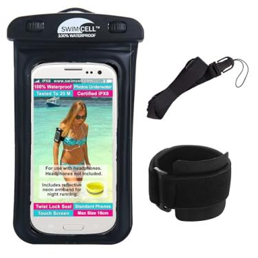 Imagem de Capa de braçadeira com suporte de telefone à prova d'água para natação, corrida, caminhada, com ou sem conector de fone de ouvido. 2 tamanhos para iPhone, Samsung, Android. Braçadeira ajustável e alça