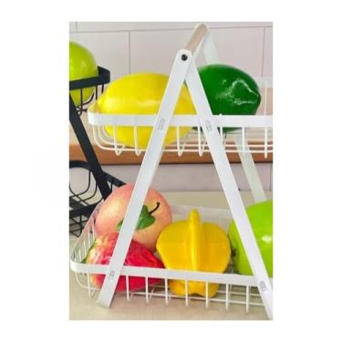 Imagem de Fruteira de mesa 2 andares metal com alça de madeira(BRANCO)
