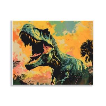 Imagem de Stupell Industries Arte de placa de parede de dinossauro rugindo ao pôr do sol, design por Creative Studio, 28 x 35 cm