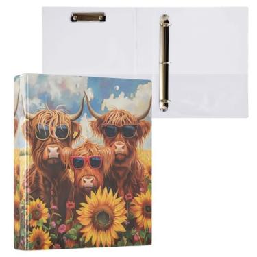 Imagem de Fichário com 3 anéis para vacas Highland Girassóis de 3,8 cm, fichário com 200 folhas para mulheres, homens, escritório, crianças, material escolar, 1 pacote