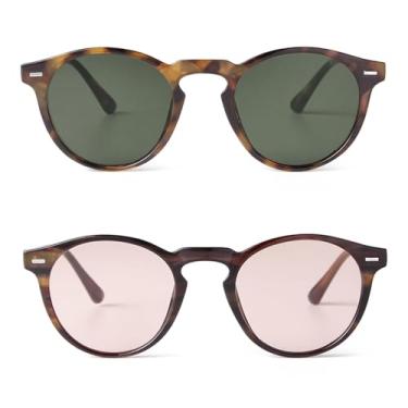 Imagem de PEGH Óculos de sol vintage pequenos redondos para homens e mulheres óculos de sol clássicos com armação circular moderna colorida UV400 Sunnies, Pacote com 2 - tartaruga/verde + concha de tartaruga
