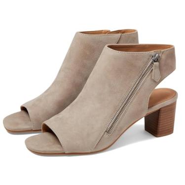 Imagem de LEHOOR Sandália feminina de salto grosso, bico aberto, sandália com zíper lateral, recorte de 5 cm, salto empilhado, botins, peep toe, costas nuas, fosca, casual, verão, 4-11 M EUA, Camurça bege, 40