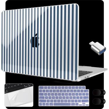 Imagem de MEEgoodo Capa para MacBook Air 38.1 cm M4/M3/M2 2025 2024 2023, compatível com modelo (A3241/A3114/A2941) para MacBook Air de 15 polegadas, laptop com capa de teclado e câmera e adaptador OTG, listras