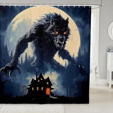 Imagem de Cortina de chuveiro de lobo uivante, cortinas de banheiro castelo gótico, adolescentes, homens, crianças, meninos, decoração de banheira, lua ocidental, lobisomem à prova d'água, terror, animais