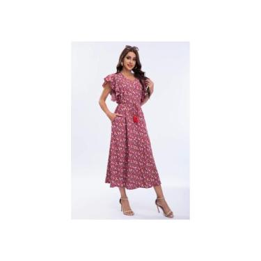 Imagem de Vestido maxi, viscose, verão, estampa elegante, tamanho ajustável - Li