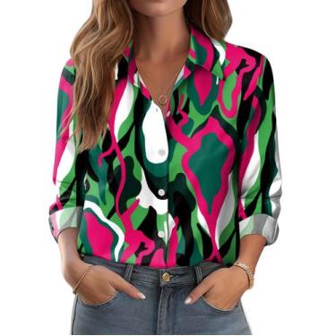 Imagem de Blusa feminina Zeagoo com botões e decote em V estampada de manga comp