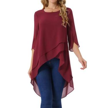 Imagem de Blusa feminina Seta T, chiffon alto-baixo, manga 3/4, vinho tinto