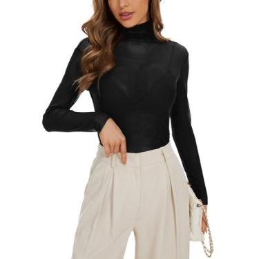 Imagem de Camiseta feminina KICZOY de malha transparente de manga comprida