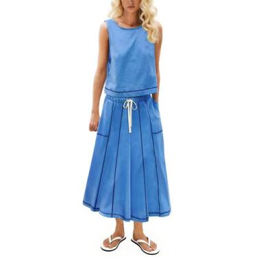 Imagem de Conjunto de saia de algodão de 2 peças, blusa drapeada sem mangas para