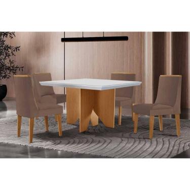 Imagem de Conjunto Sala de Jantar Nevada c/ Tampo Madeirado c/ Vidro Canto Curvo 90x90cm e 4 Cadeiras Dakota Madeira Maciça Naturale/Off White - Capuccino/Suede