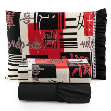 Imagem de Jogo Cama Lençol Fiore Solteiro Estampado 180 Fios 100% Algodão com Babadinho 3 Peças Preto Oriental Japonês