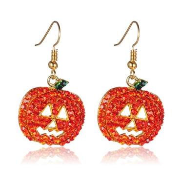 Imagem de Dreuyet Brincos de abóbora com strass vermelho laranja cristal Halloween rosto sorridente abóbora brinco pendente para mulheres, bijuterias festivas, Middle, Cristal Strass, Sem pedra preciosa