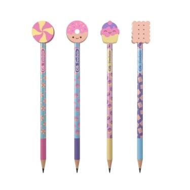 Imagem de Kit com 4 Lápis HB CiS Fantasia com Borracha Candy Fofo Escrever Grafite Escolar Colorido Pastel