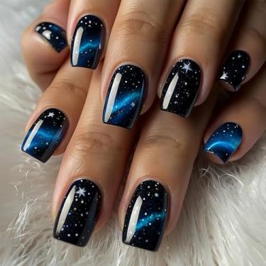 Imagem de Kit de unhas de pressão quadrado médio ombré preto azul cola falsa conjunto de unhas com design de estrela simples cobertura completa bastão falso artificial em unha de acrílico para mulheres 24 peças