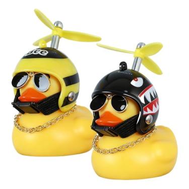Imagem de BOZILY Pacote com 2 enfeites de borracha para carro de pato, buzinas de bicicleta de pato com capacete, bandagem e corrente dourada, decoração de painel engraçada para carro, bicicleta, motocicleta