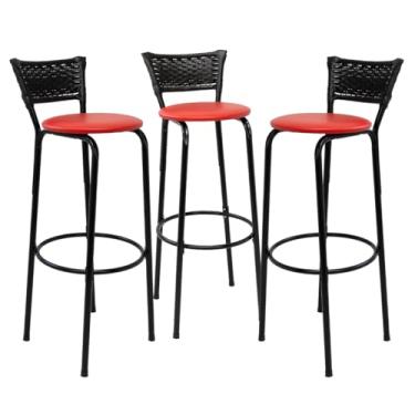 Imagem de Kit 3 Banquetas Altas 80cm Estrutura Preta Encosto Junco Preto Ideal Bancada Cozinha Americana Bares Balcão Ilha Área Gourmet Piscina Itagold (Assento Vermelho)
