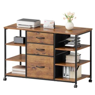Imagem de YeTom Armário de arquivo móvel, armário de arquivo lateral com 3 gavetas de tecido, suporte para impressora com 4 prateleiras de armazenamento abertas para escritório em casa, marrom rústico
