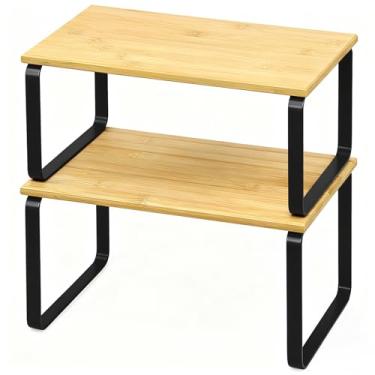 Imagem de JMLHMXC Rack de armazenamento de armário, prateleira de bancada de cozinha de 2 peças, rack de armazenamento de cozinha, suporte de especiarias, empilhável, expansível - pernas pretas