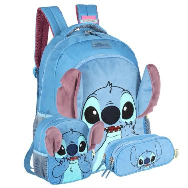 Imagem de Mochila Costas Pelúcia Stitch Disney Lancheira Estojo Triplo