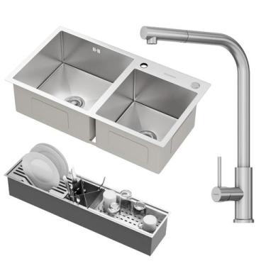 Imagem de Kit Cuba Dupla Nápoles Aço Inox 304 com Calha Organizadora Aço Inox e 