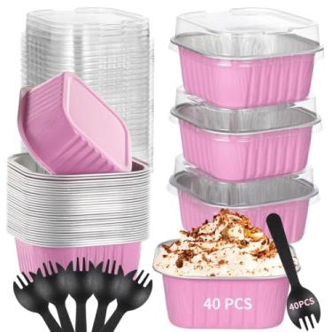 Imagem de LUMINFLY 40 forros de cupcake com tampas, copos de sobremesa de folha de alumínio, ramequins descartáveis para muffins, inclui garfos para porções individuais