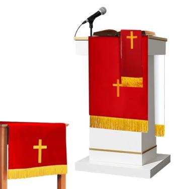 Imagem de Bailitoy Conjunto de 3 conjuntos de paramento reversíveis, cachecol de púlpito e marcador de livro bíblico de mesa de comunhão com cruz bordada acessórios para púlpito de igreja