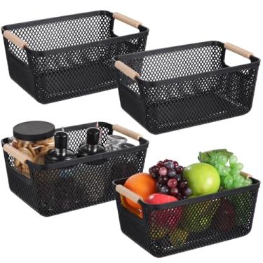 Imagem de Pacote com quatro cestas de armazenamento de malha de plástico, empilháveis com alças de madeira, perfeitas para frutas, lanches e itens cosméticos - Ideal para cozinha ou despensa, dimensões 10,8 ×