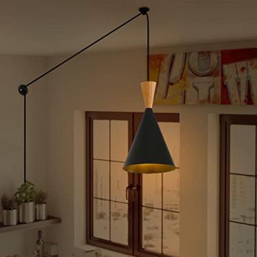 Imagem de LUSTORM 1 Luminária pendente preta pequena moderna com cabo de plugue design de cone de metal de madeira luminária de teto com luminárias montadas na parede luminária pendente de corda para ilha de