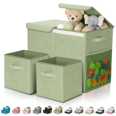 Imagem de Fiwochic Pacote com 3 caixas de armazenamento de brinquedos grandes de 58 cm com caixas de armazenamento de cubos de 28 cm, baú organizador de brinquedos dobrável com tampas para berçário, sala de