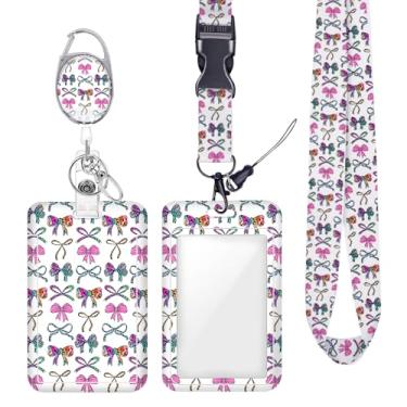 Imagem de Cordão de crachá colorido arco-íris neon leopardo laço crachá para crachá para crachás de identificação, protetor de trabalho, clipes de mosquetão retráteis, cordão de chave resistente para mulheres