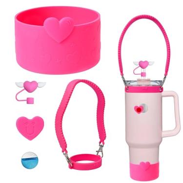 Imagem de Conjunto de acessórios para copos Stanley incluindo alça de alça de garrafa de água, bota de copo Stanley de silicone, capa de canudo de silicone magnético, capa de palha de silicone amor, pingentes