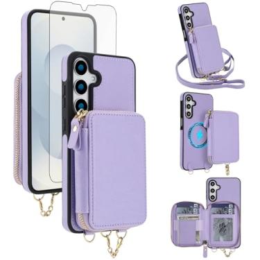 Imagem de Capa de celular para Samsung Galaxy S25 FE 5G carteira com zíper e protetor de tela, alça transversal 2 em 1 magnética destacável bloqueio RFID flip S 25 EF S25FE 25S 25FE feminina roxa