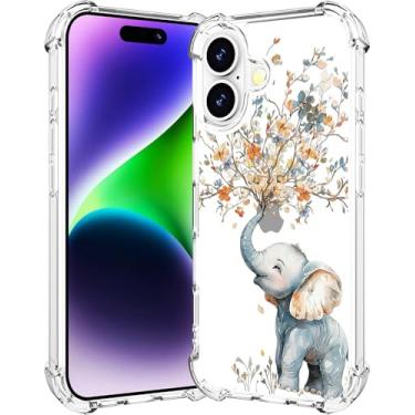 Imagem de Cisland Capa para iPhone 16 design transparente, à prova de choque airbag bumper capa de telefone - elefante azul criando floral