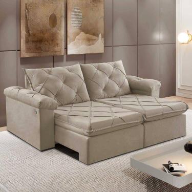 Imagem de Sofá Retrátil E Reclinável Corniso 2,34m Veludo Cor Bege 2137 Usb Com Kit Usb