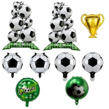 Imagem de Balões de futebol, 9 decorações de festa com 2 pilhas de bola de futebol em pé, 1 troféu médio, 2 bolas de futebol (25 cm e 45 cm), 2 balões de futebol pretos e brancos, 2 balões redondos de futebol