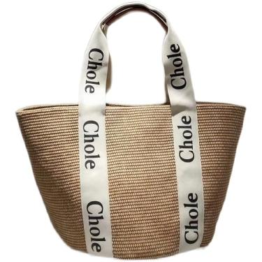 Imagem de Bolsa de palha tecida à mão – Bolsa de praia de verão para meninas, bolsa leve de palha natural com forro de poliéster e fecho magnético