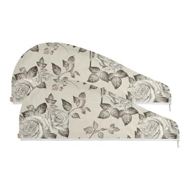 Imagem de SEHANY Toalha de cabelo de microfibra Elegant Roses para mulheres, 2 peças, turbantes de cabelo de secagem rápida com botão, touca de cabelo seco absorvente toalha de secagem de cabelo para cabelos