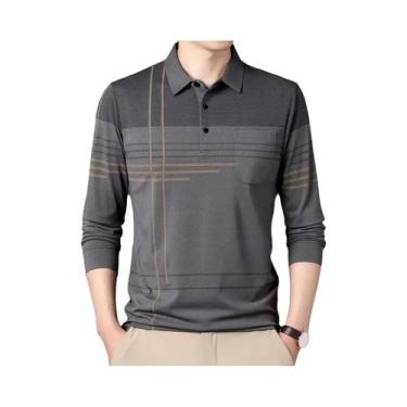 Imagem de Camisa Polo Listrada De Manga Longa Masculina Com Gola Moda Casual Pri