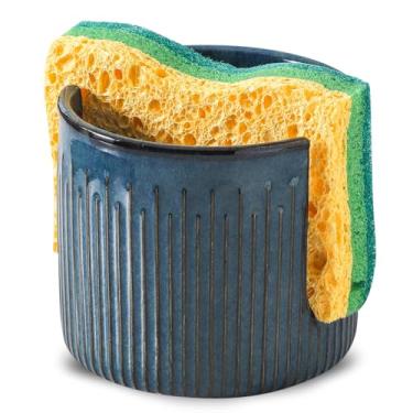 Imagem de Suporte de esponja de cerâmica para pia de cozinha, suporte de escova de prato de esponja de bancada, organizador de pia, azul vitrificado