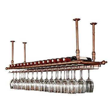 Imagem de Prateleiras de vinho de teto, suporte de taça de vinho pendurado, suporte de garrafa de vinho vintage, prateleira de vinho rústica montada na parede, suporte de taças, altura ajustável