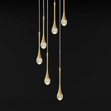 Imagem de Lustre de cristal de 220 cm (86,6") para hall de entrada, sala de estar grande, 6 lâmpadas, dourado, pendente para escada, lustre de coluna de cristal para teto alto, sótão, dimerizável, lum