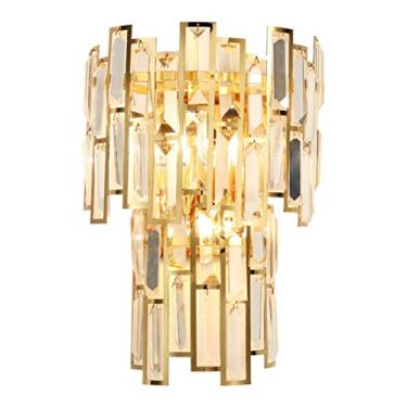 Imagem de Arandela de parede com 2 lâmpadas, em aço inoxidável, com cúpula de cristal transparente em camadas, ideal para ambientes internos como sala de estar, banheiro e corredor (Dourada)