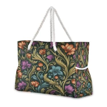 Imagem de Wassud Bolsa de praia verde escuro floral grande bolsa de praia para mulheres, impermeável, à prova de areia, bolsa de viagem com zíper e bolso, piscina, academia, acampamento