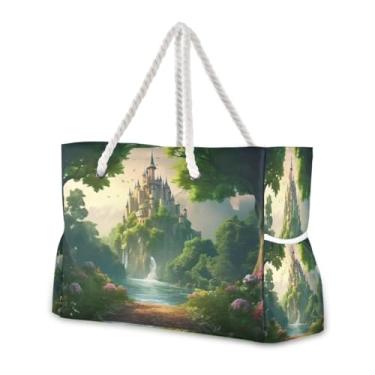 Imagem de Wassud Bolsa de praia Mystic Castle Bolsa de praia grande para mulheres, impermeável, à prova de areia, bolsa de viagem com zíper e bolso para piscina, academia, acampamento