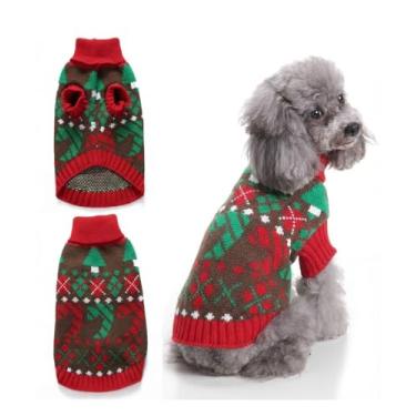 Imagem de Suéter de Natal para cachorro de malha, vermelho, verde, marrom, festivo, agasalho, quente, para cães pequenos, passeios de inverno, 2GG