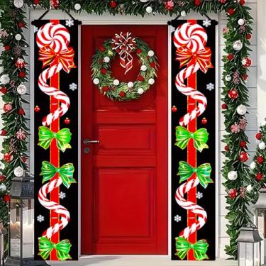 Imagem de BlissYard Banner de Natal de bengala doce para porta da frente 30 x 188 cm placa de Natal ao ar livre com design de doces vermelhos e brancos e decoração de varanda de férias com laço verde